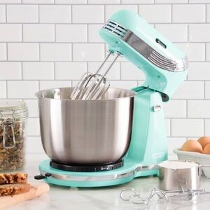 Dash 6-Speed Stand Mixer with 3Qt Stainless Bowl, Hooks & Beaters - Aqua